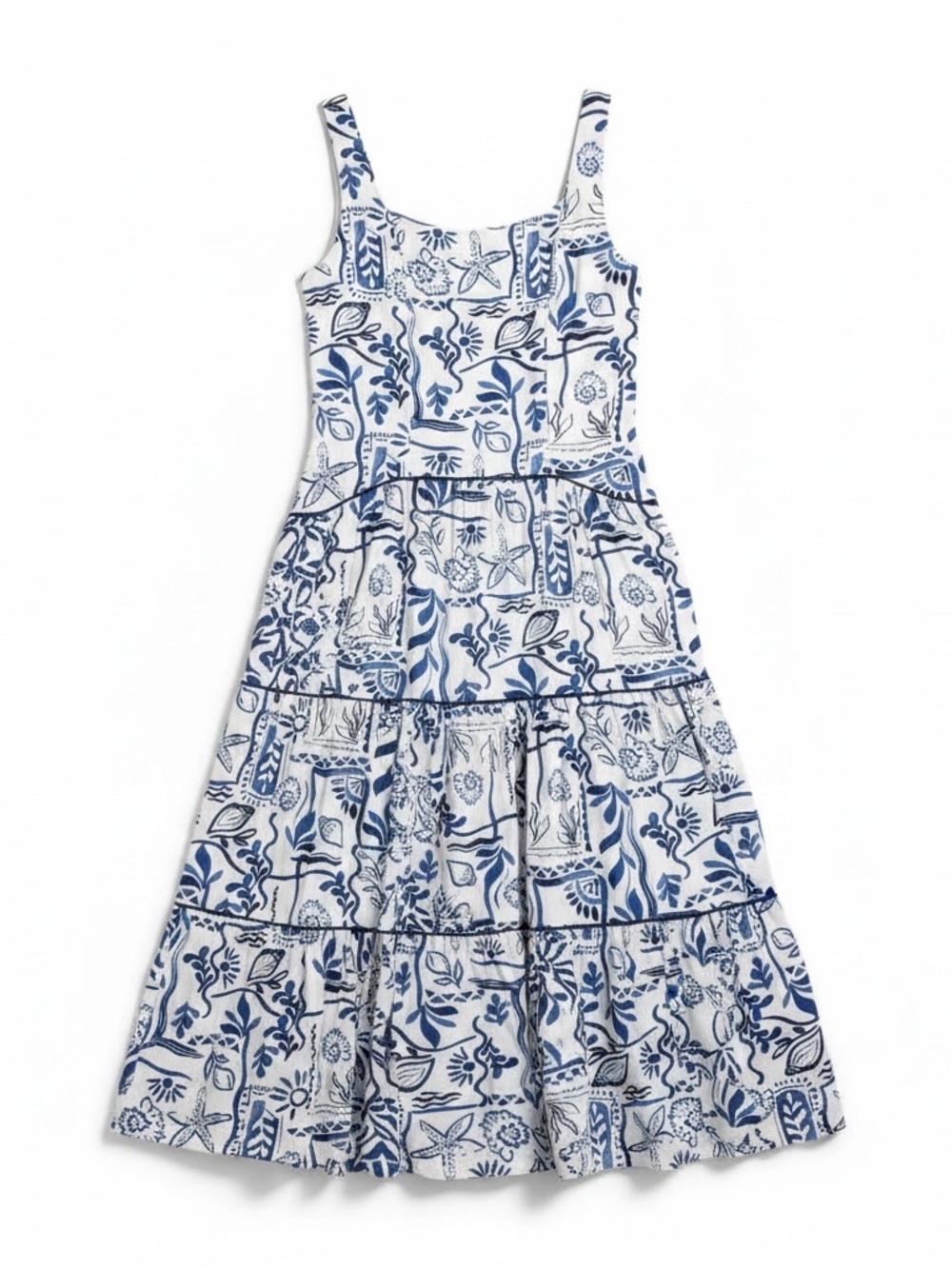 CeCe Ivory Blue Mediterranean Tile Print Tiered Maxi Dress Sz LARGE Rayon Linen